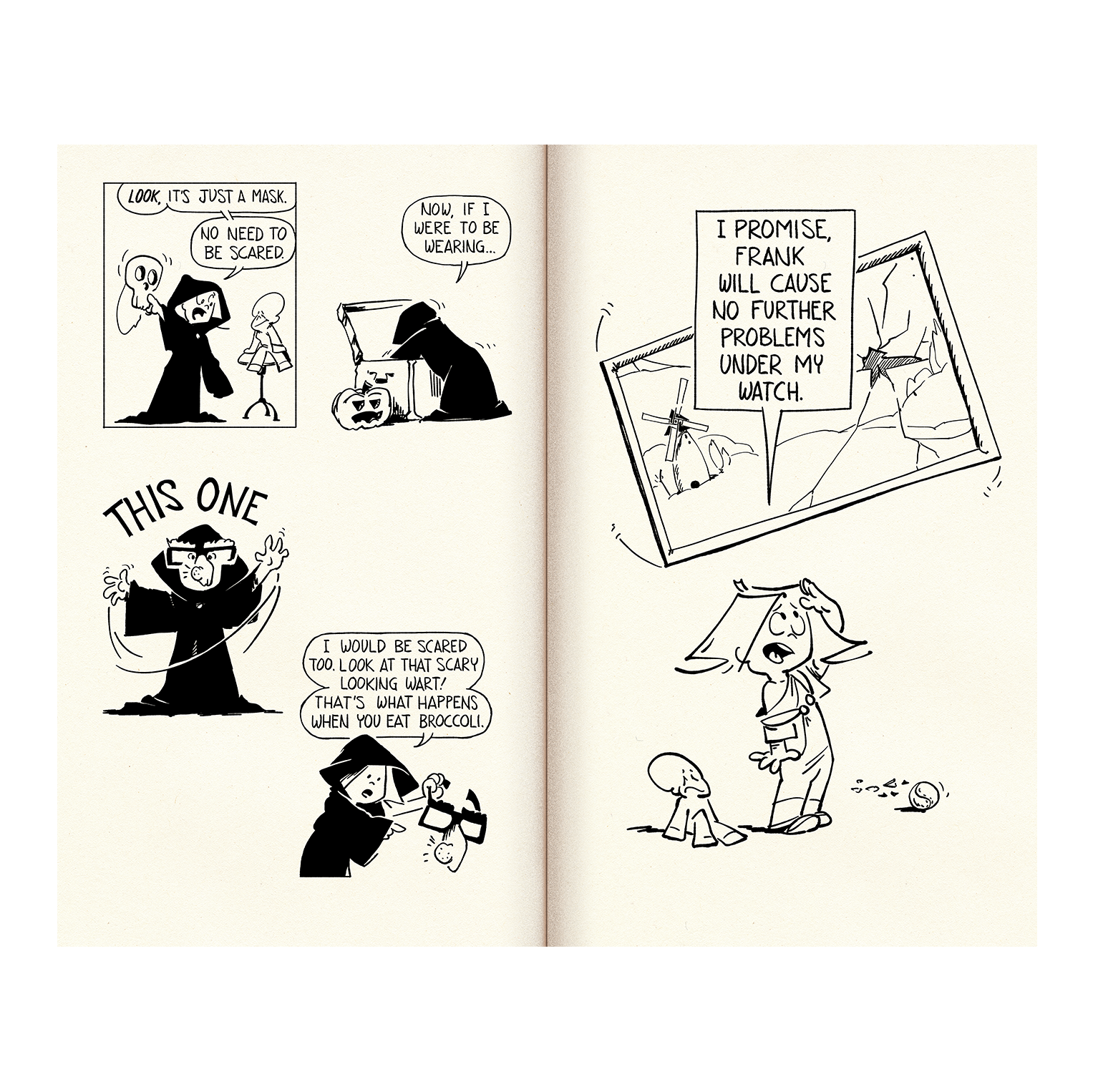 Page spread of 2 comic strips in black and white of Frank and his Friend. Kid dressed up for Halloween and kid by broken picture