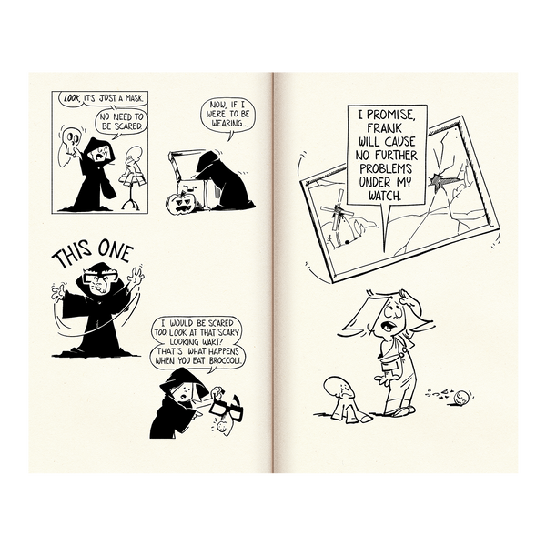 Page spread of 2 comic strips in black and white of Frank and his Friend. Kid dressed up for Halloween and kid by broken picture
