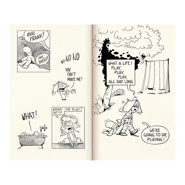 Page spread of 2 comic strips in black and white of Frank and his Friend. Kid messing around in bathtub and kind leaving playground.