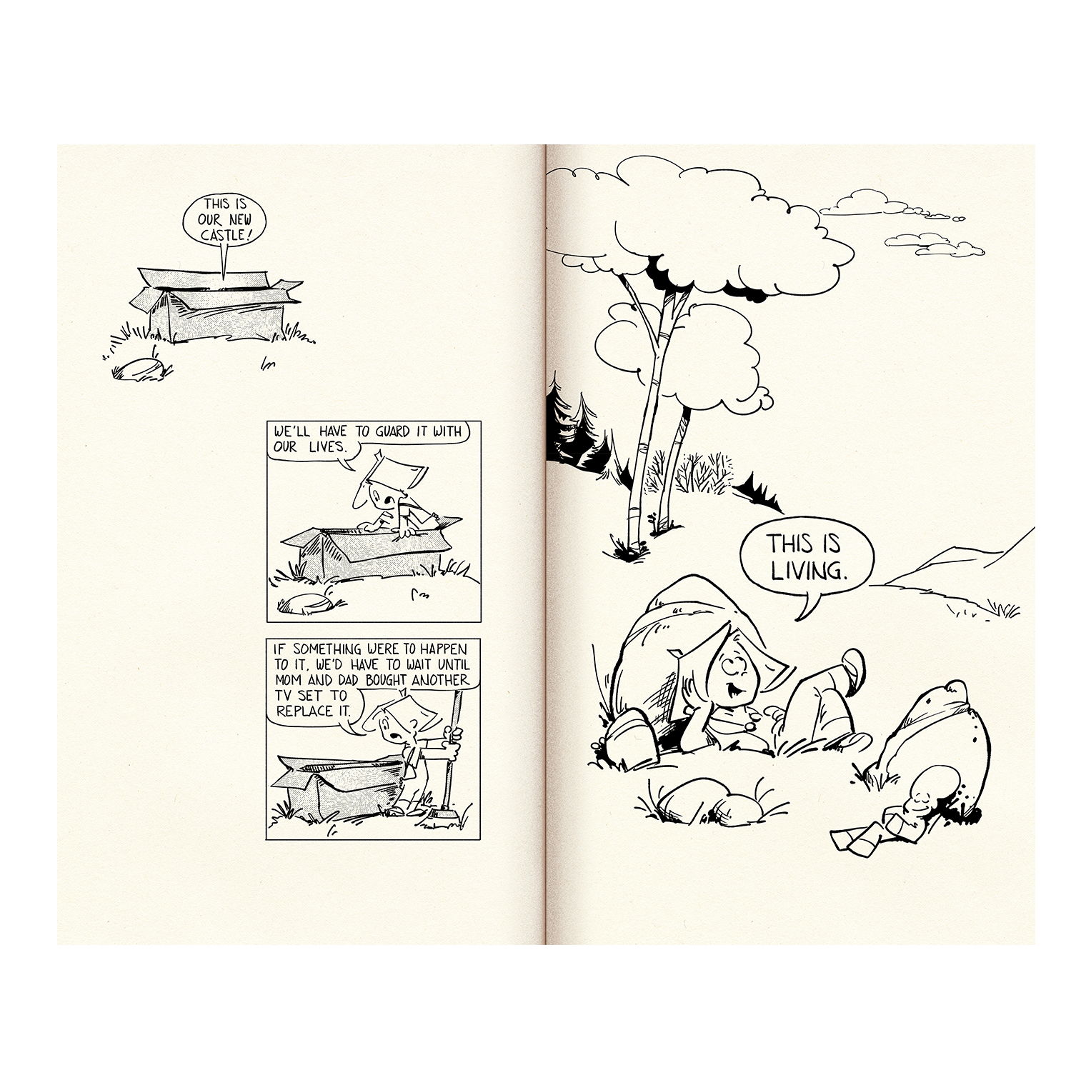 Page spread of 2 comic strips in black and white of Frank and his Friend. Kid playing with card board box and kid laying on grassy knoll