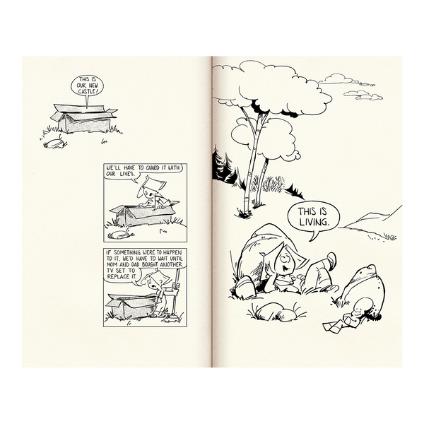 Page spread of 2 comic strips in black and white of Frank and his Friend. Kid playing with card board box and kid laying on grassy knoll