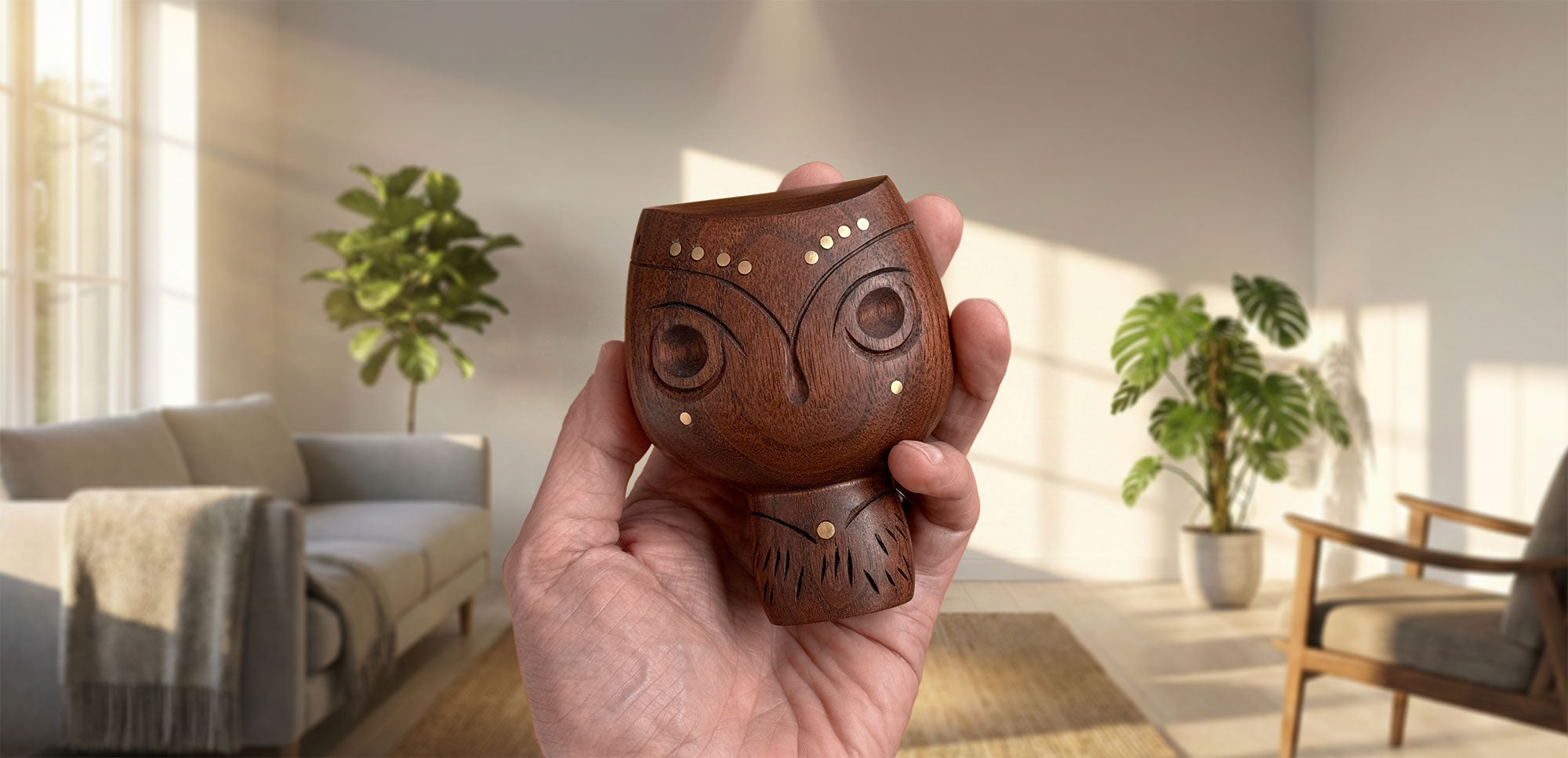 Timeless Mid-Century wood sculpture with brass inserts held in hand in living room