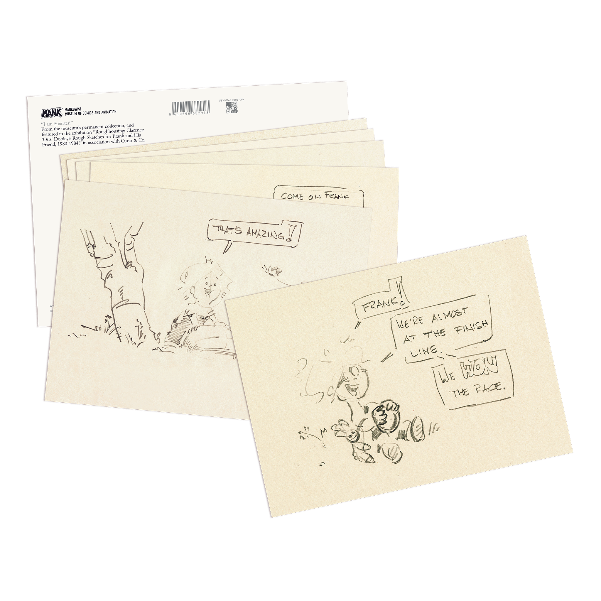 Set of 6 cartoon pencil sketches with text bubbles on post card size, from a comic strip Frank and His Friend.