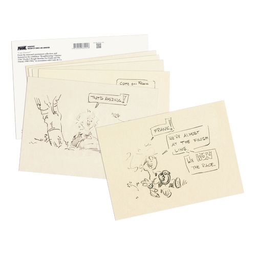 Set of 6 cartoon pencil sketches with text bubbles on post card size, from a comic strip Frank and His Friend.