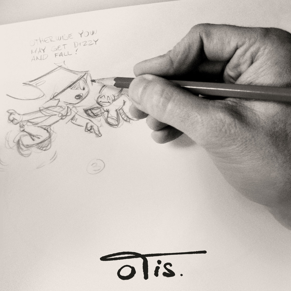 Hand drawing in pencil the cartoon character of Franks & His Friend