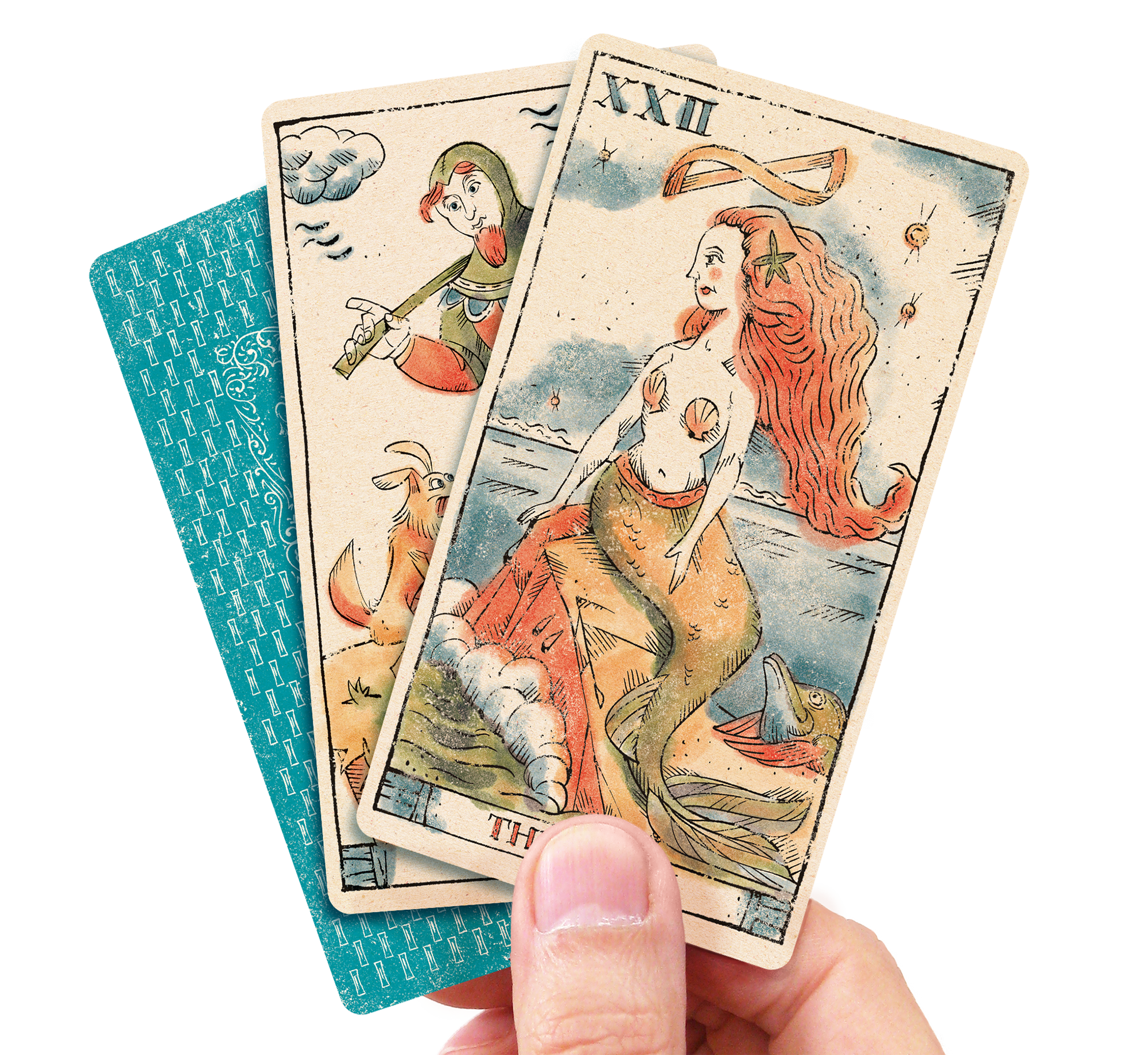 Three Tarot of Musterberg cards held by man's hand back of cards and Fool and Siren cards facing up.