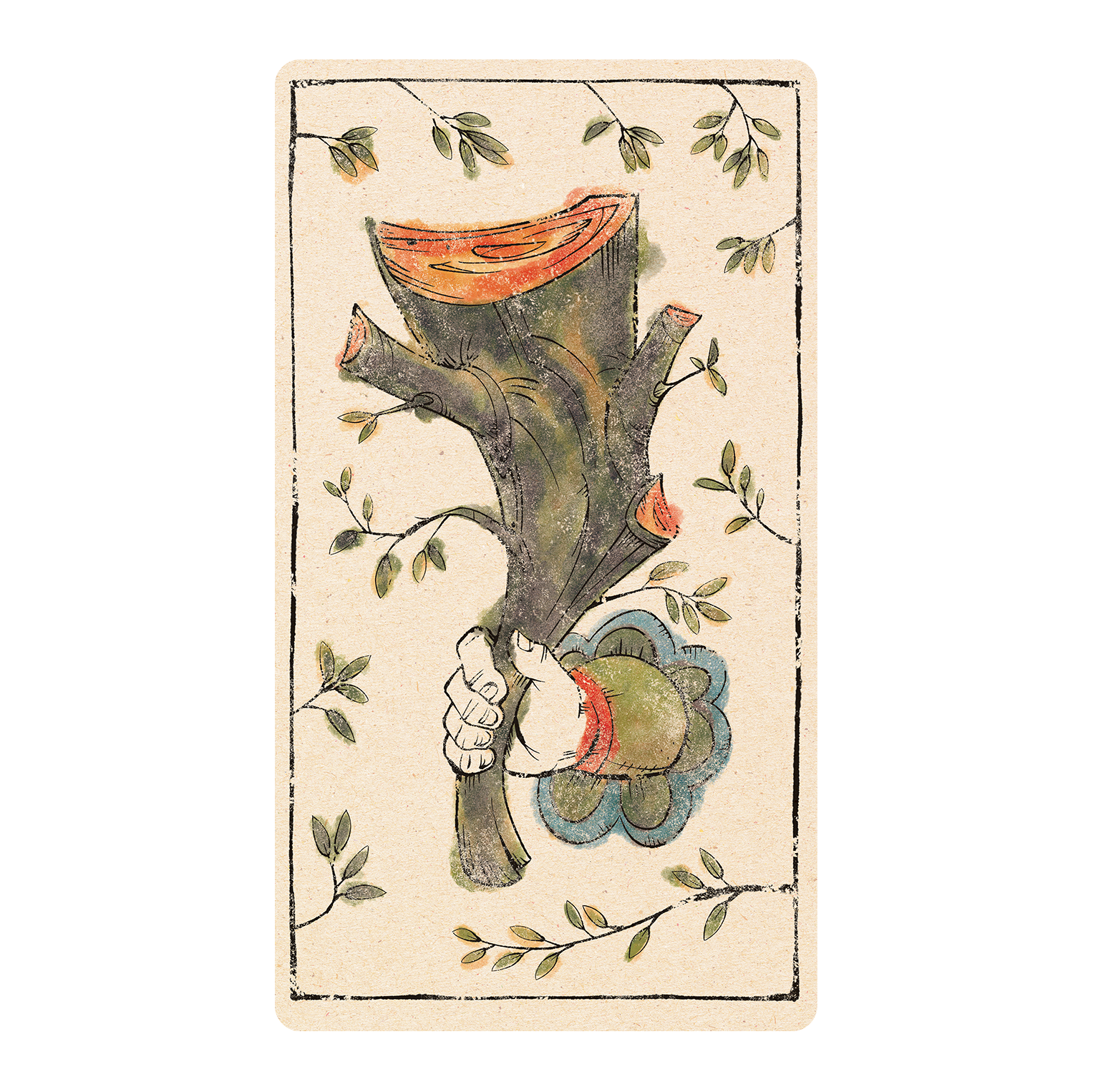 Tarot card with delicate medieval wood-cut style illustration in color of the ace wands, hand holding a big stick