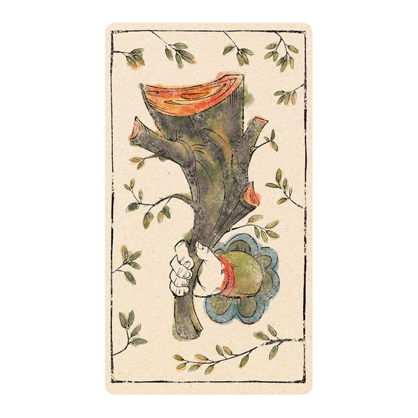 Tarot card with delicate medieval wood-cut style illustration in color of the ace wands, hand holding a big stick
