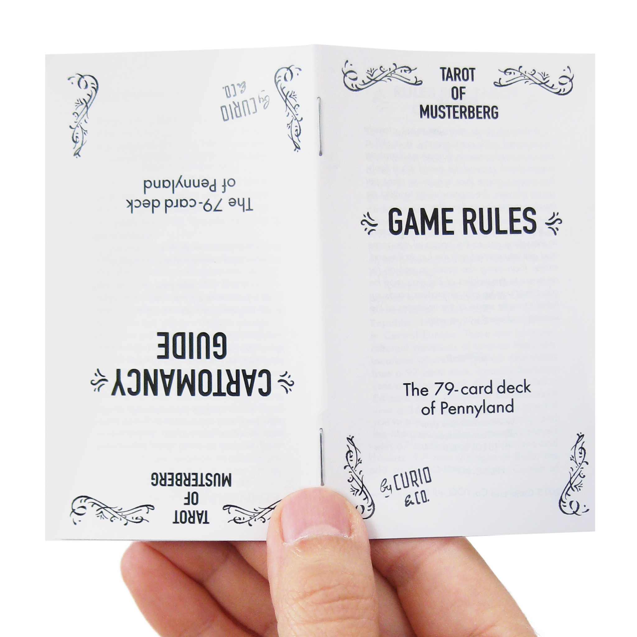 Tarot of Musterberg by Curio & Co. the 79-card deck of Pennyland game rules and cartomancy guide booklet held by a hand