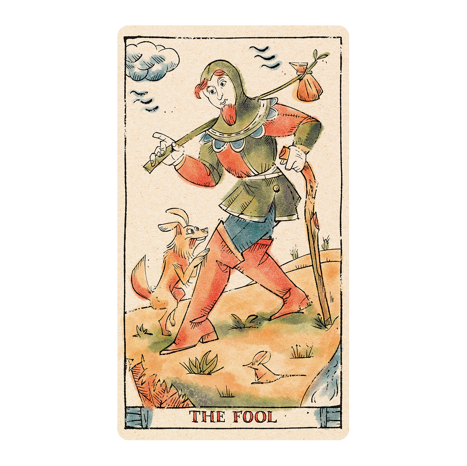 Tarot card with delicate medieval wood-cut style illustration in color of The Fool with dog and mouse. 