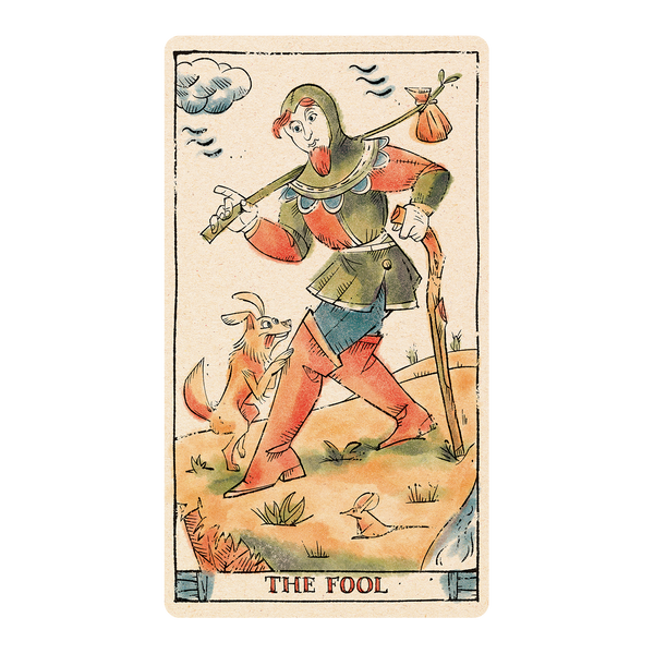 Tarot card with delicate medieval wood-cut style illustration in color of The Fool with dog and mouse. 