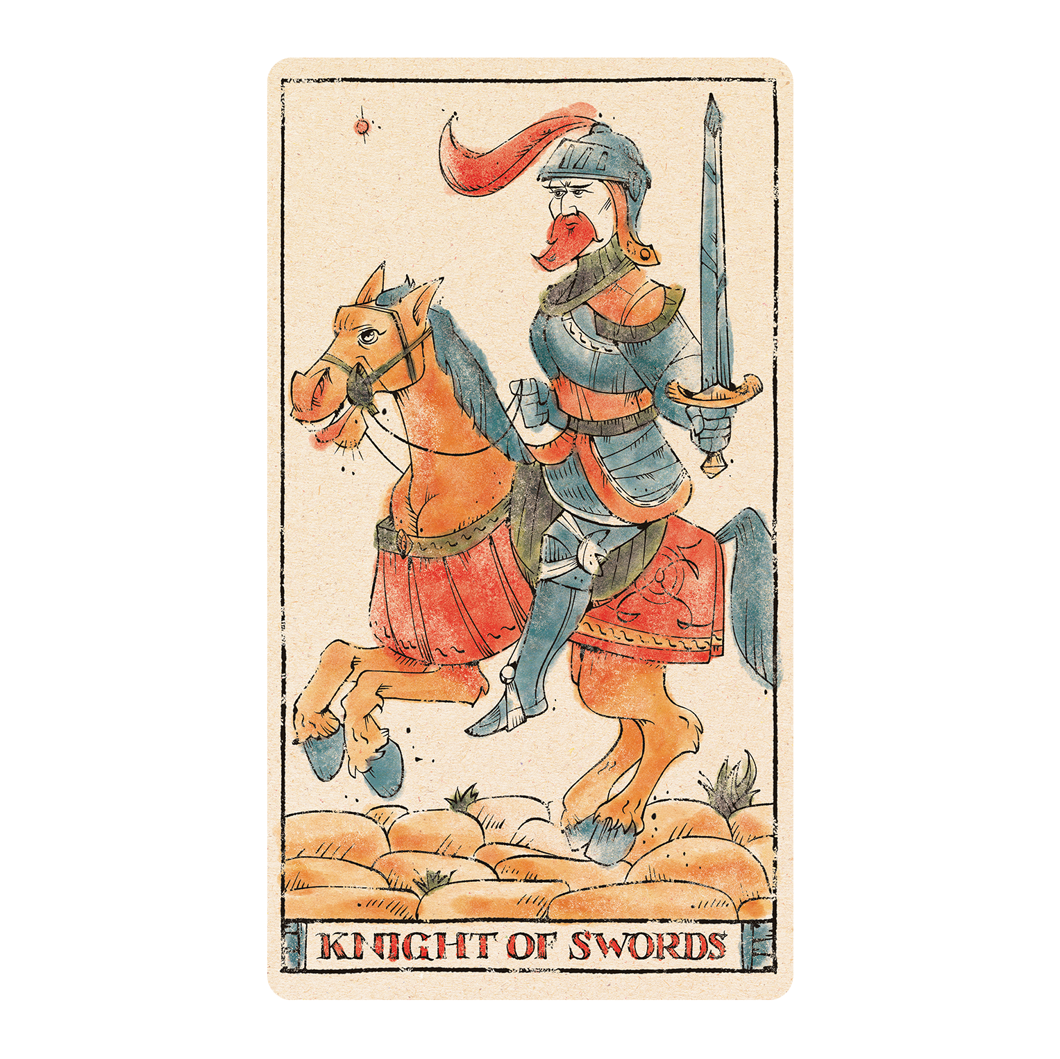 Tarot card with delicate medieval wood-cut style illustration in color of the Knight of Swords riding horse on rear legs facing left. 