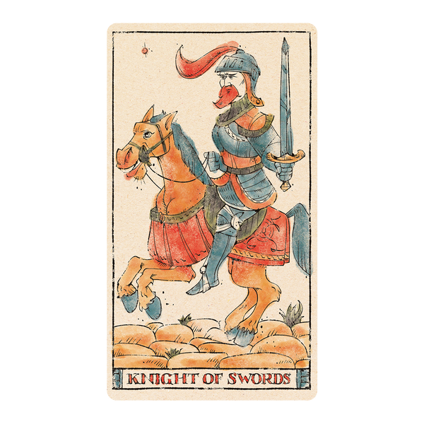 Tarot card with delicate medieval wood-cut style illustration in color of the Knight of Swords riding horse on rear legs facing left. 