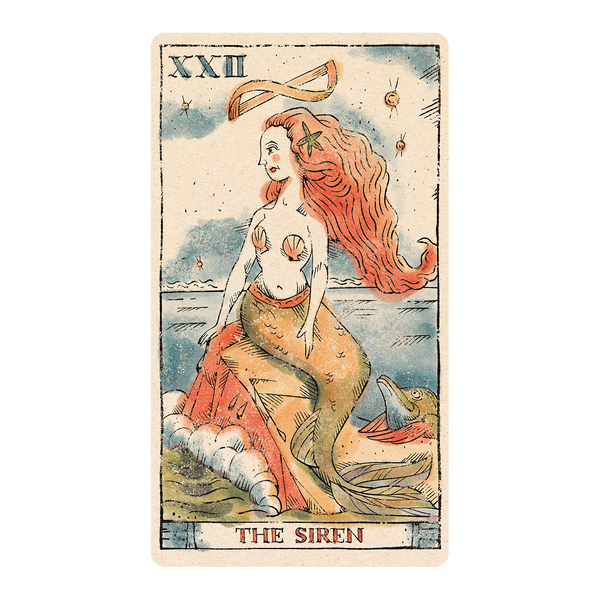 Tarot card with delicate medieval wood-cut style illustration in color of the Siren sitting on a rock lookin left, no. XXII 
