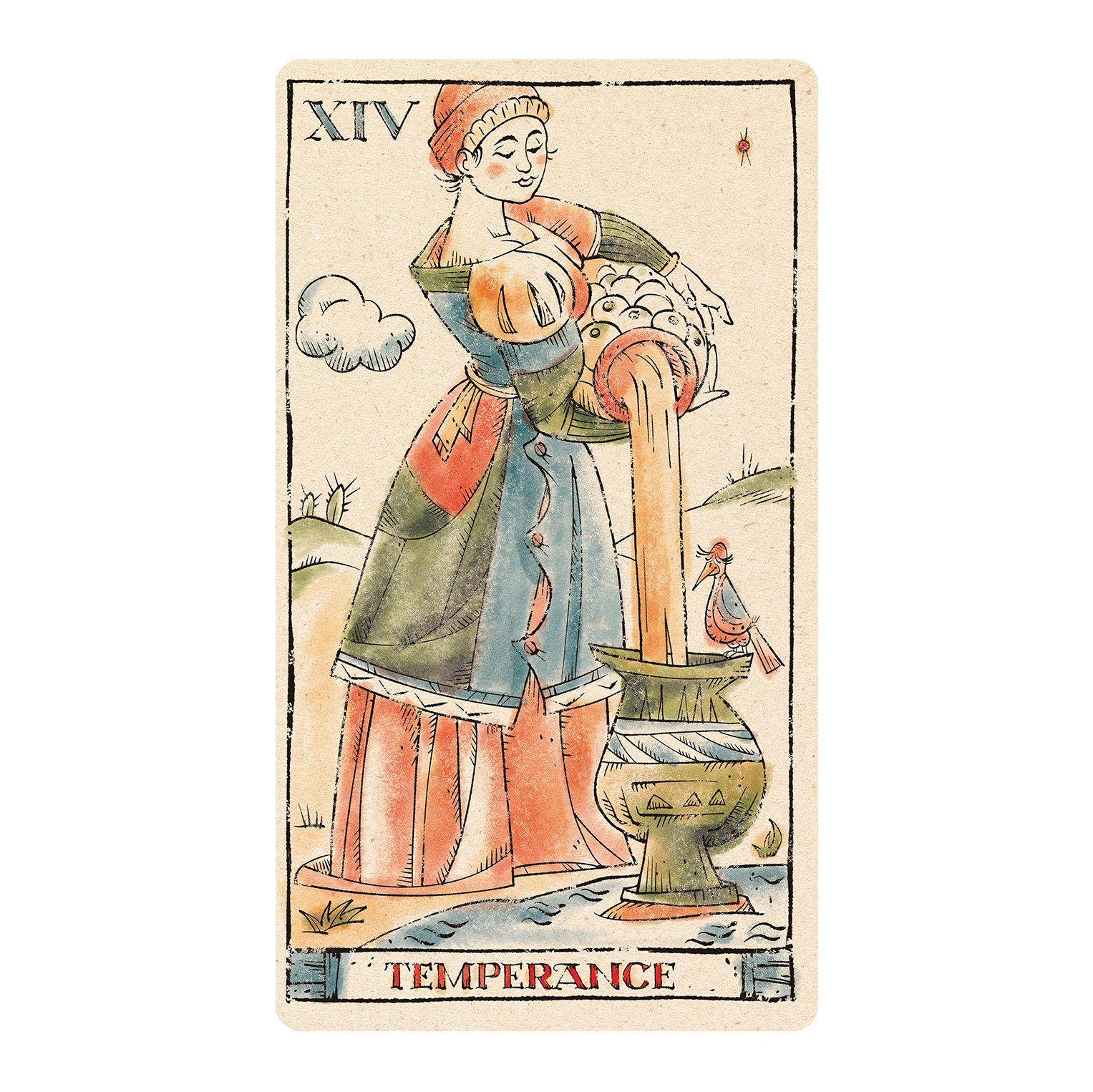 Tarot card with delicate medieval wood-cut style illustration in color of Temperance. 
