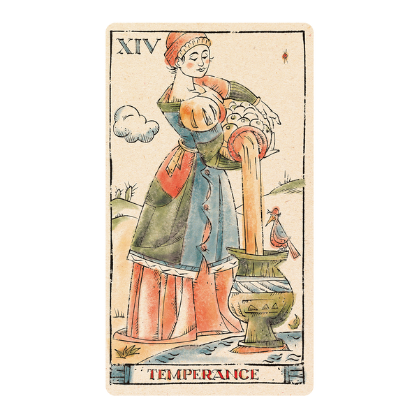 Tarot card with delicate medieval wood-cut style illustration in color of Temperance. 