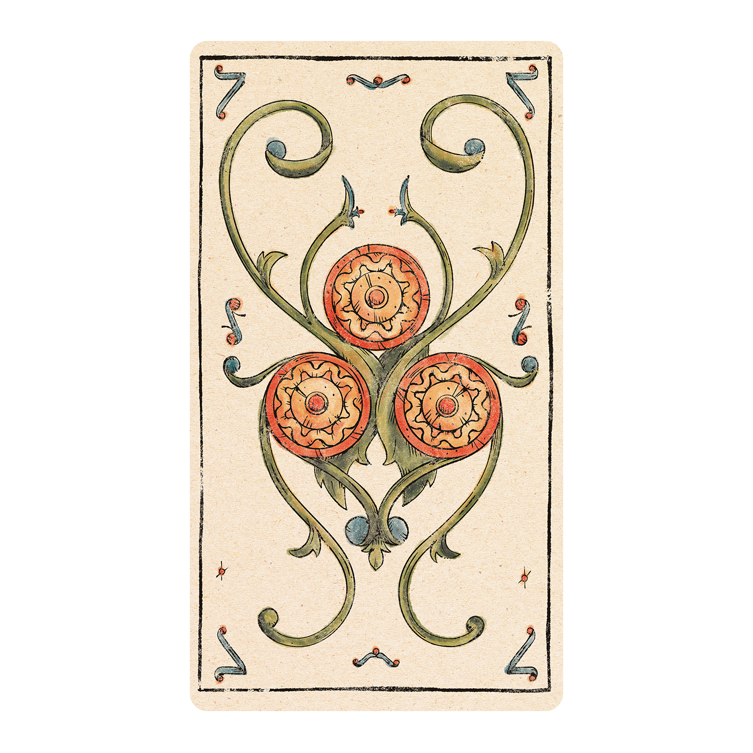 Tarot card with delicate medieval wood-cut style illustration in color of the three of coin in floral design. 