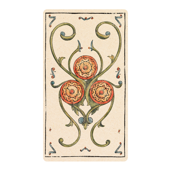 Tarot card with delicate medieval wood-cut style illustration in color of the three of coin in floral design. 