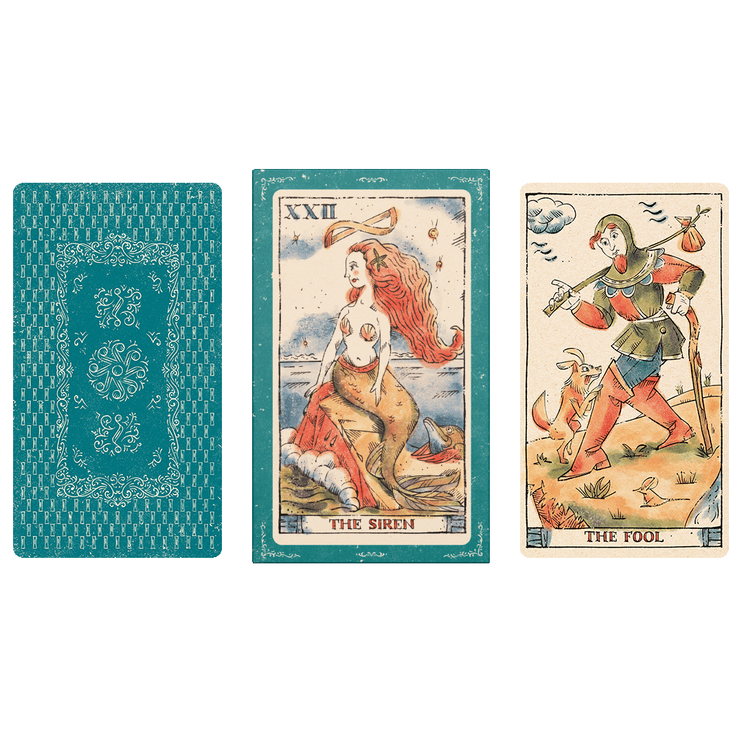 360 of telescope  box of the Tarot of Musterberg with "The Siren" and Two tarot cards featuring 'The Fool' and the back of the cards. Decorative illustration reminiscent of illustrated manuscripts
