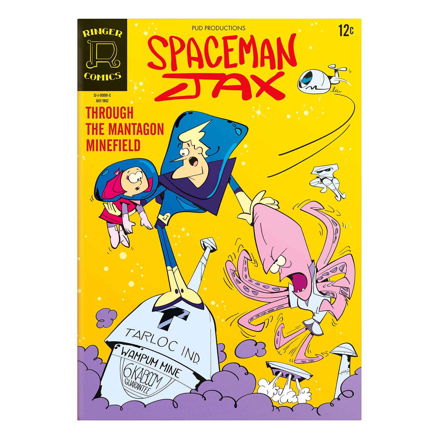 Comic book cover of Spaceman Jax through the Mantagon minefield cartoon characters in sci-fi setting octopus looking alien.