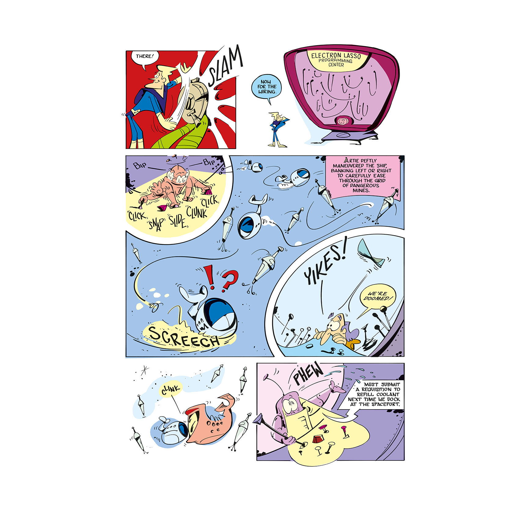 Spaceman Jax comic book page 23 with various panels featuring cartoon characters and text on a white background - Jax and Artie ready the Electron Lasso