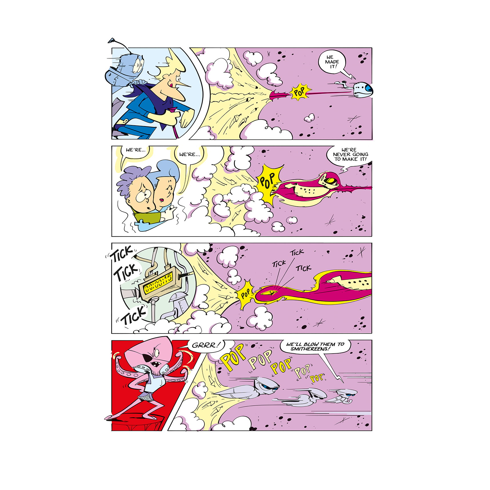 Spaceman Jax comic book page 40 with cartoon characters and action panels on a white background - Jax, Mantagon, kids, and a ticking clock in space