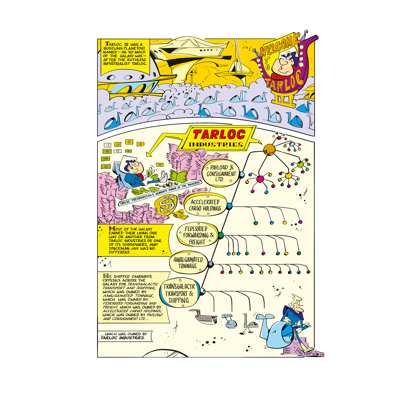 Spaceman Jax Comic book page 9 illustration with text and graphics on a white background About Tarloc and how Jax works for him