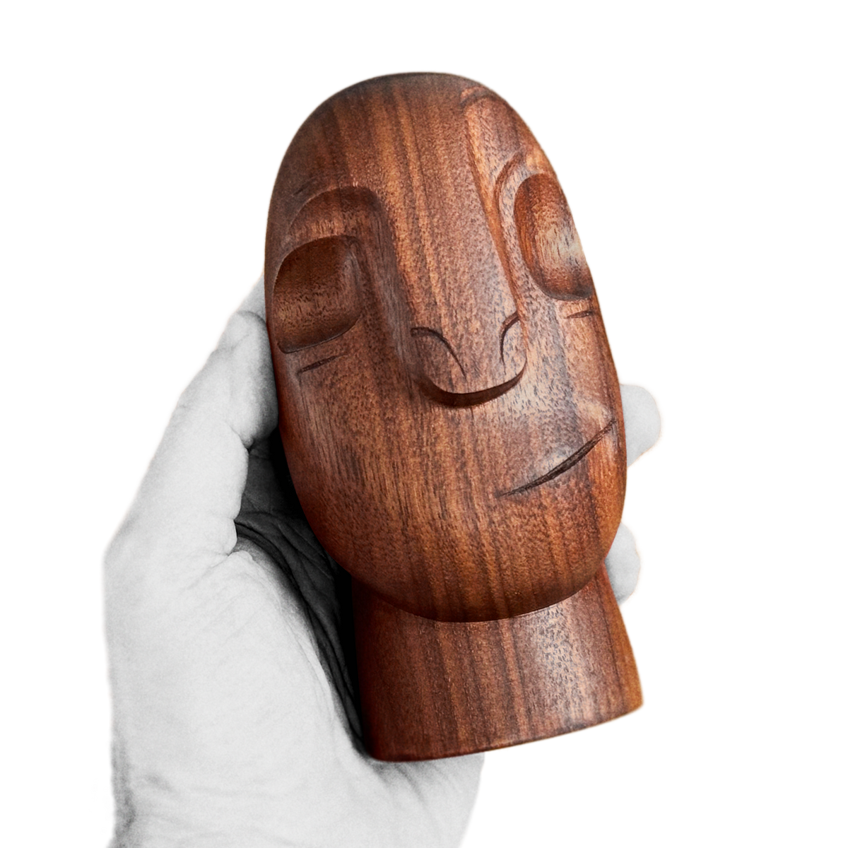 Hand holding black walnut chocolate brown mid-century design style figure with soft and smooth curves and high polish about 16 cm heigh