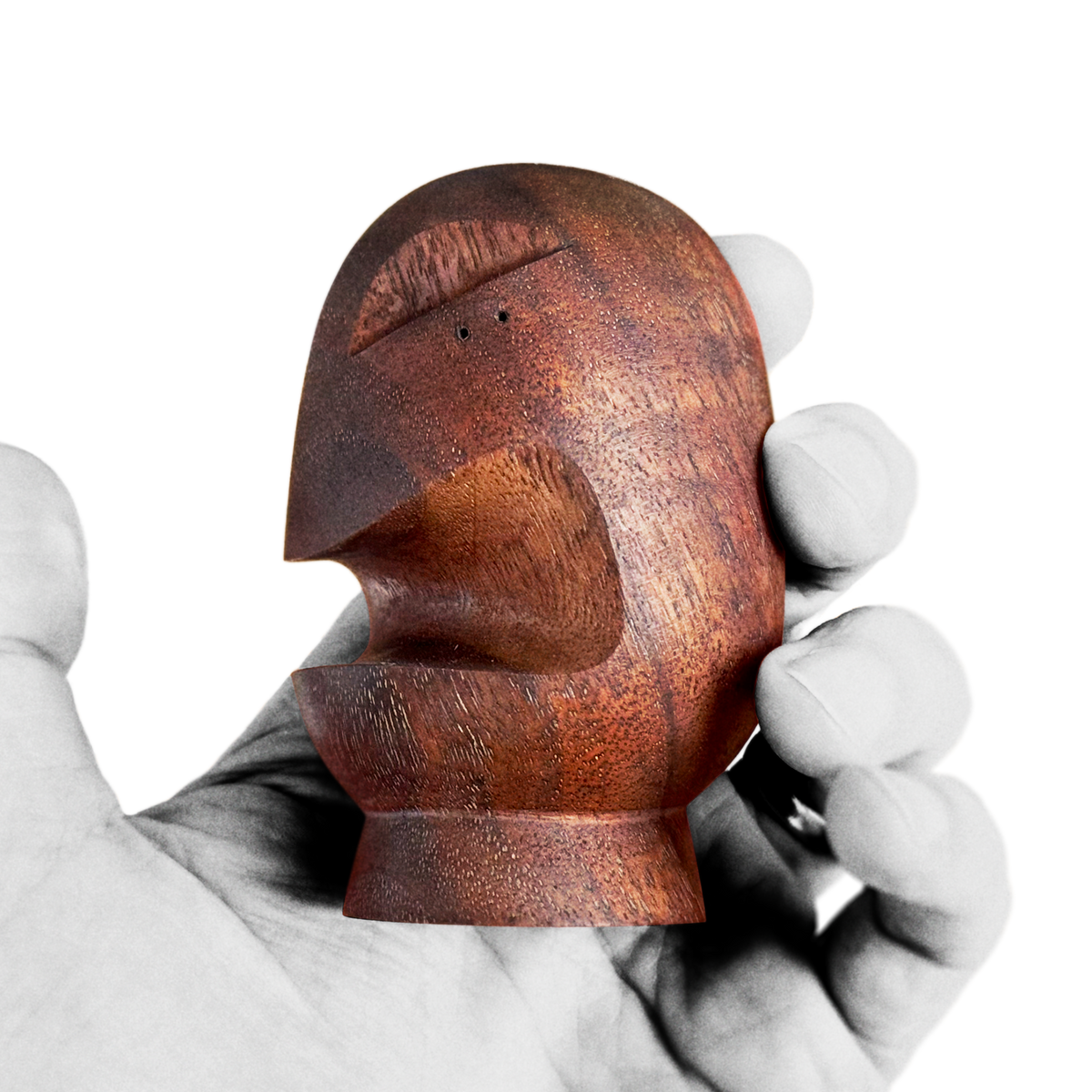 Hand holding black walnut chocolate brown mid-century design style head figure with open mouth about 11 cm heigh 