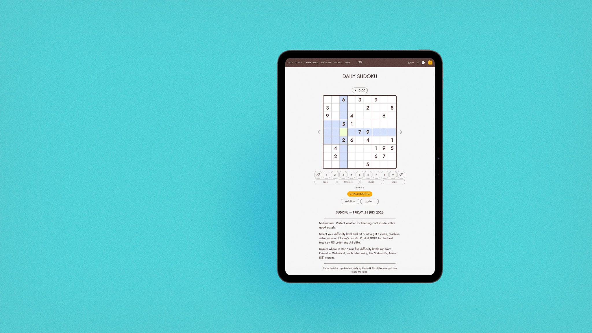 iPad sitting on the right, with browser screen on curioandco.com's interactive daily sudoku puzzle for July 24, 2026. Tablet on solid aqua background.