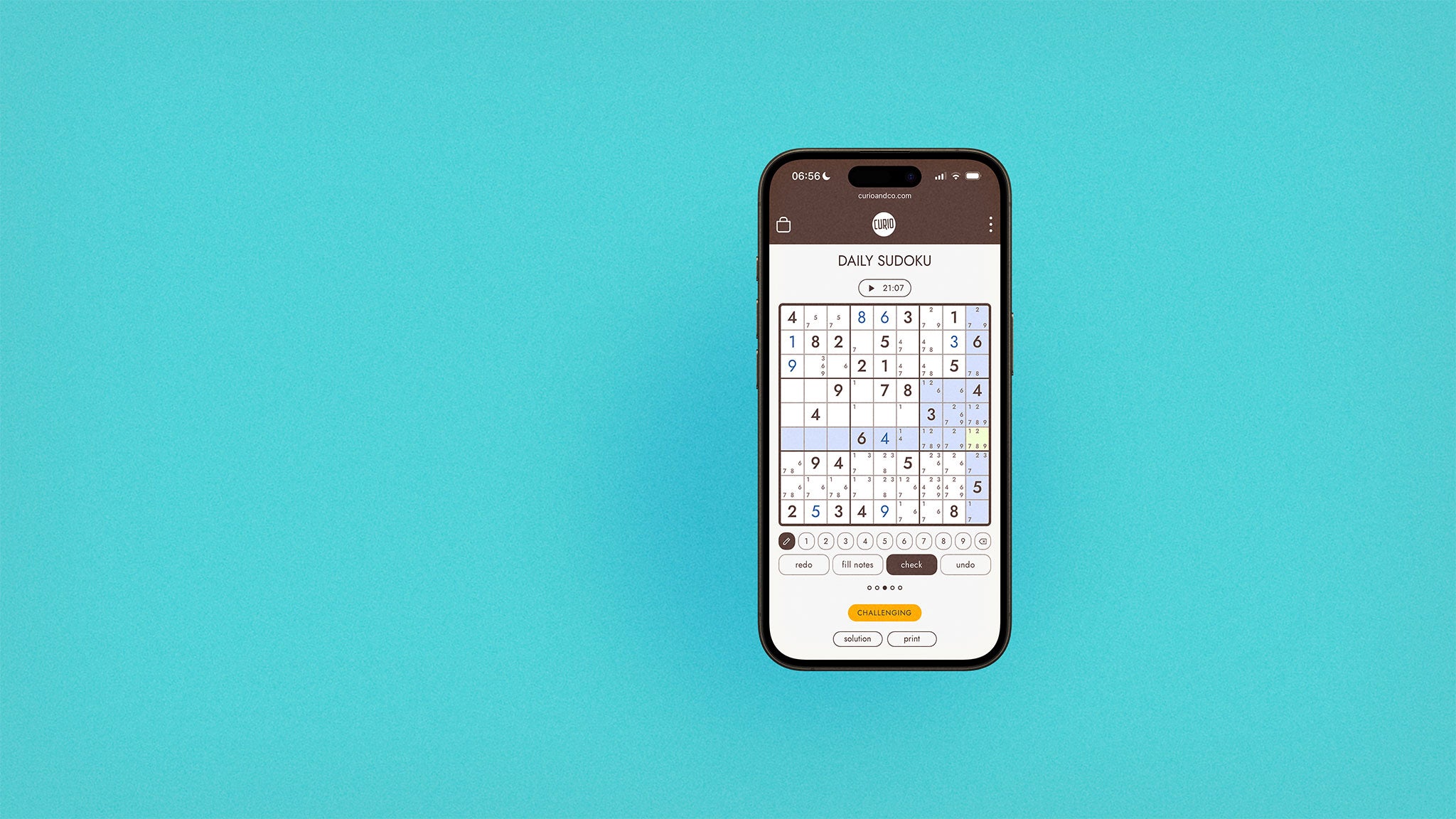 iphone on the right, with browser screen on curioandco.com's interactive daily sudoku puzzle for July 24, 2026. Phone on solid aqua background.