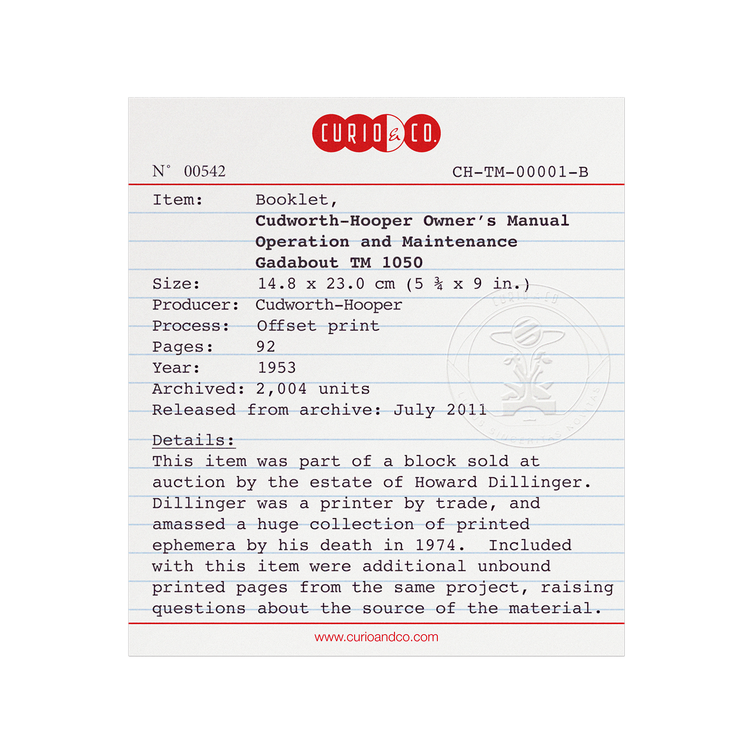 Certificate of authenticity with embossing for Gadabout time machine user's manual by Curio and Co.