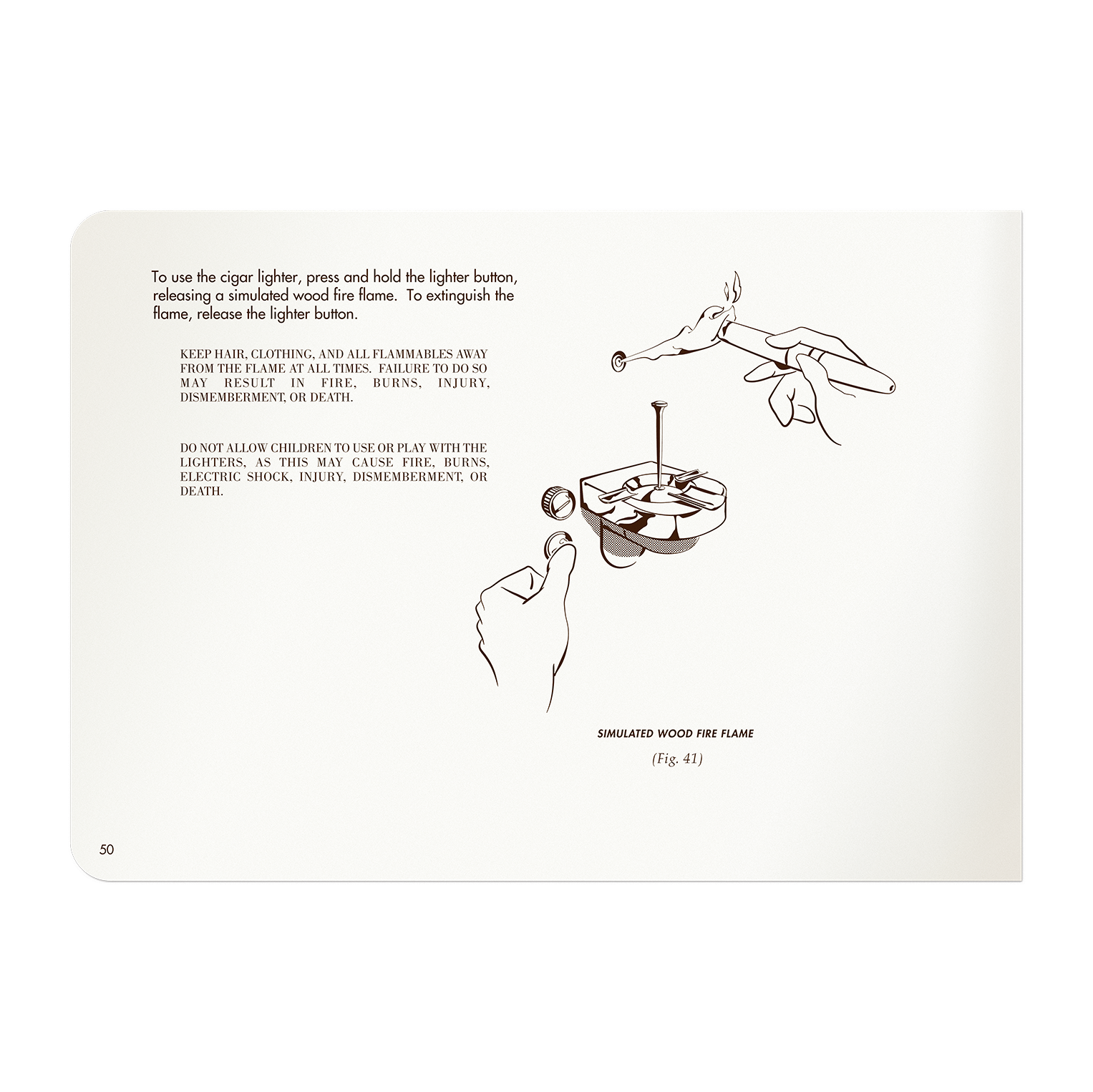 page 50 How to use cigar lighter with simulated wood fire flame instructions and figure illustration