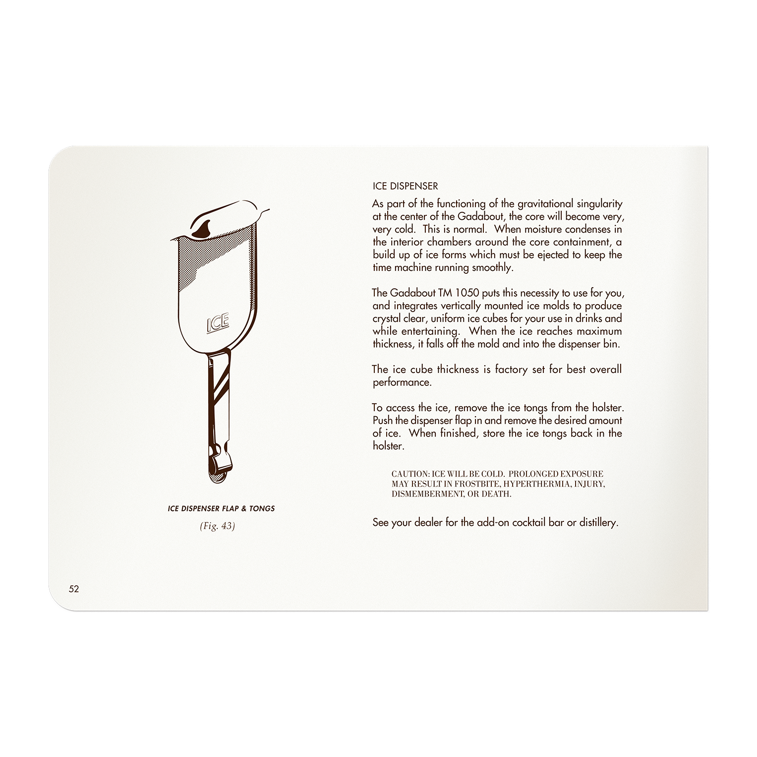 pg 52 of Gadabout TM 1050 ice dispenser instructions of operation and figure for dispenser flap and tongs