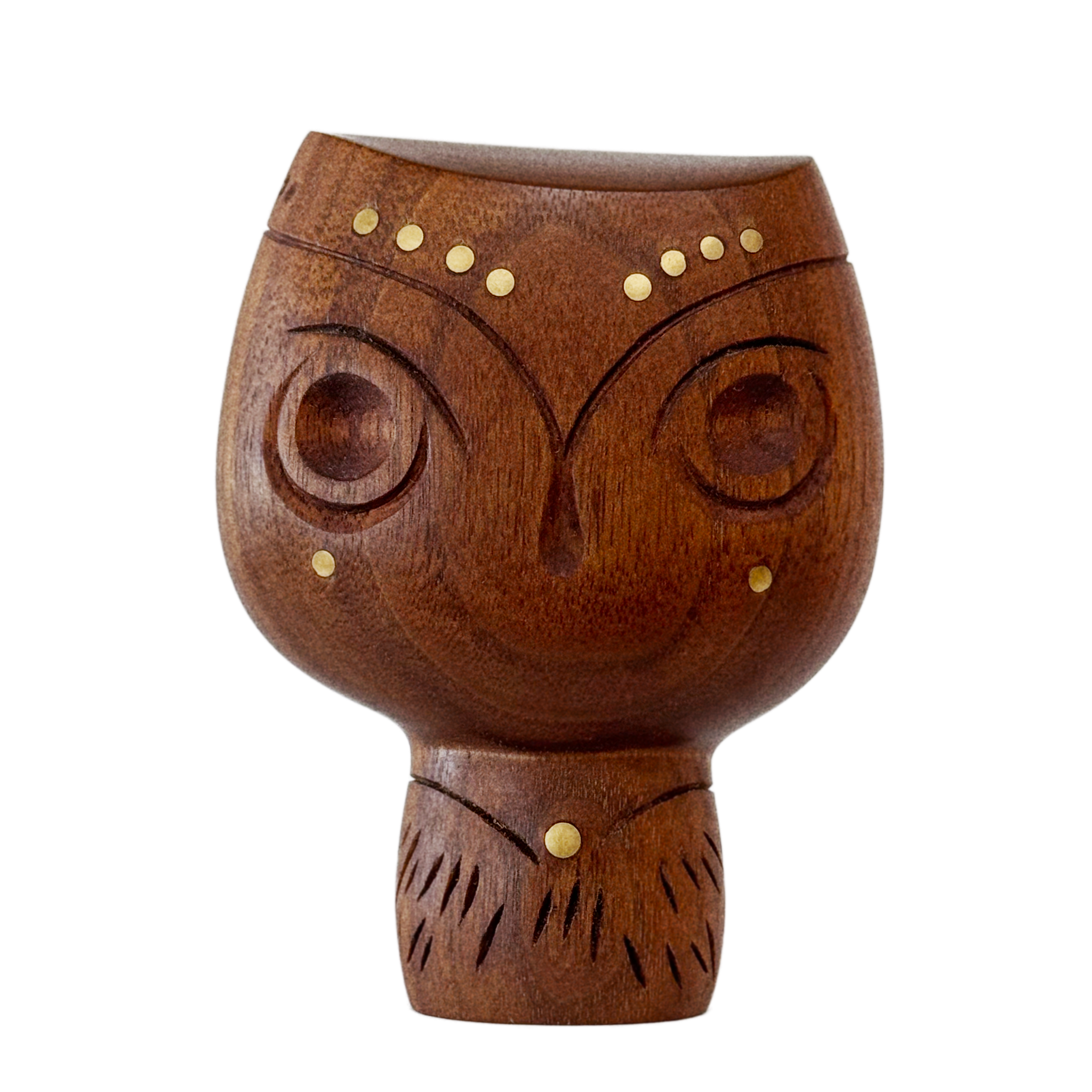Walnut owl figurine with brass accents on a clear background