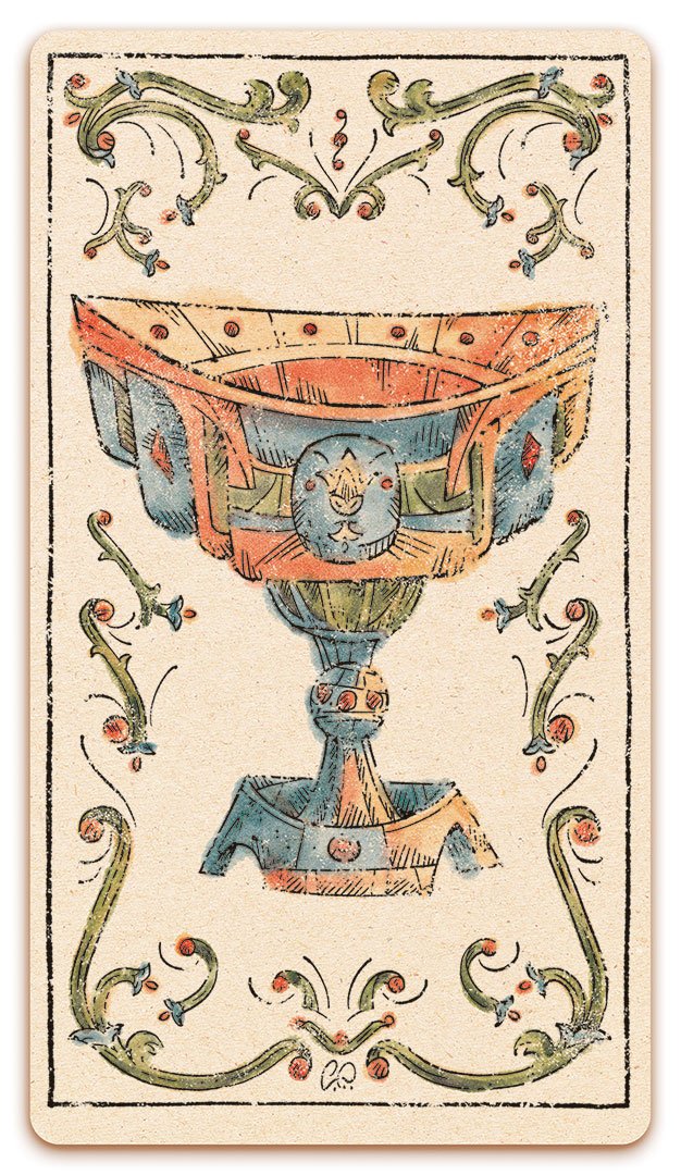 Ace of Chalices card of the Curio & Co. Tarot of Musterberg deck - The 79-card deck - for game and cartomancy - by Curio and Co. (www.curioandco.com - Curio and Co. OG)