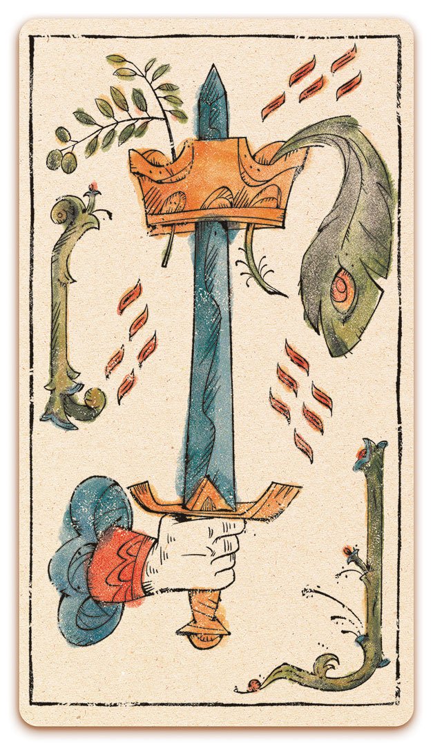 Ace of Swords card of the Curio & Co. Tarot of Musterberg deck - The 79-card deck - for game and cartomancy - by Curio and Co. (www.curioandco.com - Curio and Co. OG)  