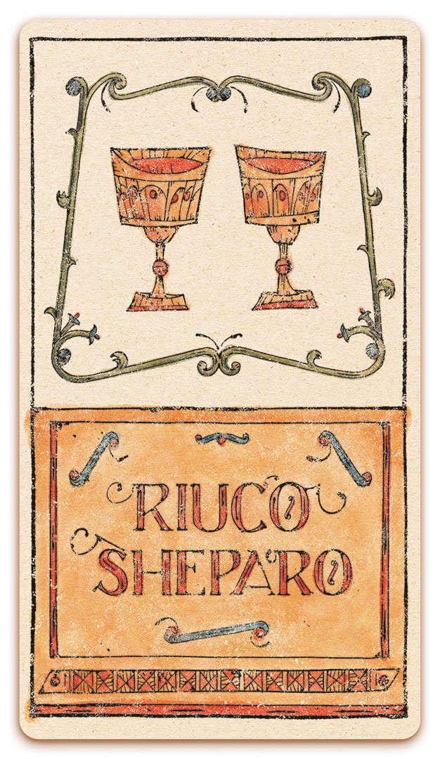 2 of Chalices card - Riuco Shepharo -of the Curio & Co. Tarot of Musterberg deck - The 79-card deck - for game and cartomancy - by Curio and Co. (www.curioandco.com - Curio and Co. OG)
