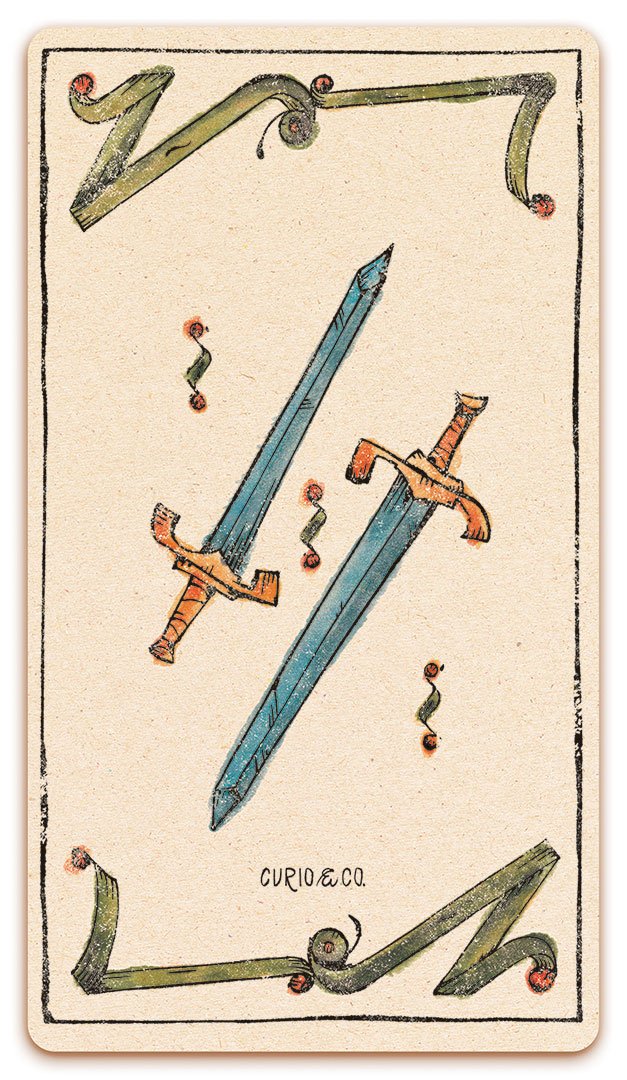 2 of Swords card of the Curio & Co. Tarot of Musterberg deck - The 79-card deck - for game and cartomancy - by Curio and Co. (www.curioandco.com - Curio and Co. OG)