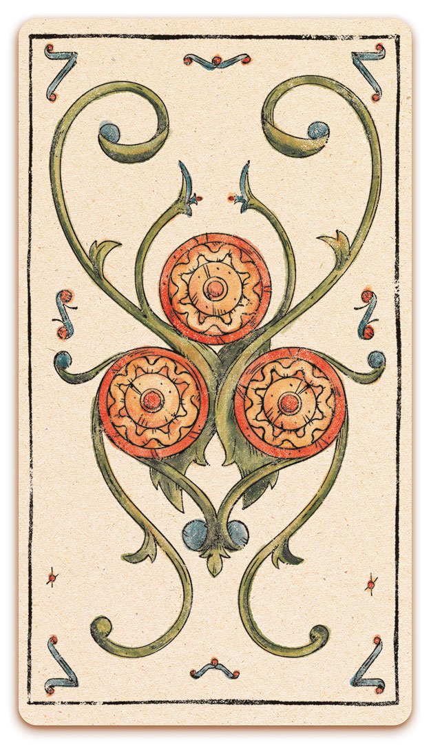 3 of Coins card of the Curio & Co. Tarot of Musterberg deck - The 79-card deck - for game and cartomancy - by Curio and Co. (www.curioandco.com - Curio and Co. OG)
