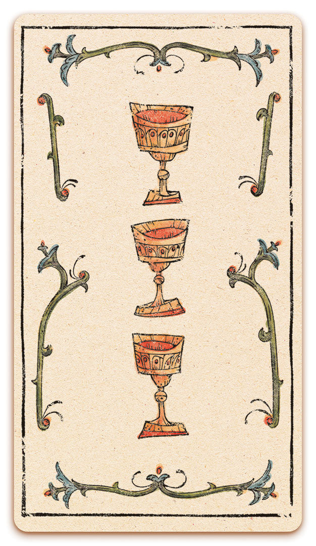 3 of Chalices card of the Curio & Co. Tarot of Musterberg deck - The 79-card deck - for game and cartomancy - by Curio and Co. (www.curioandco.com - Curio and Co. OG)