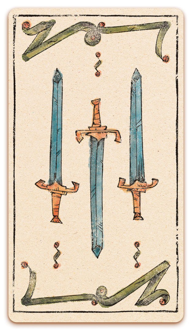 3 of Swords card of the Curio & Co. Tarot of Musterberg deck - The 79-card deck - for game and cartomancy - by Curio and Co. (www.curioandco.com - Curio and Co. OG)
