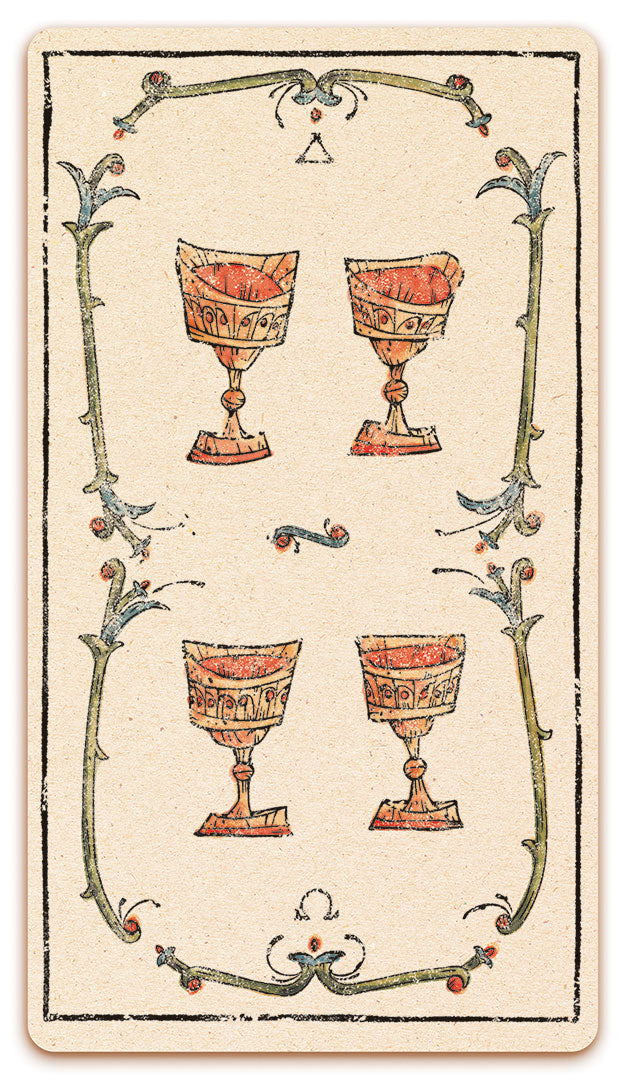 4 of Chalices card of the Curio & Co. Tarot of Musterberg deck - The 79-card deck - for game and cartomancy - by Curio and Co. (www.curioandco.com - Curio and Co. OG)