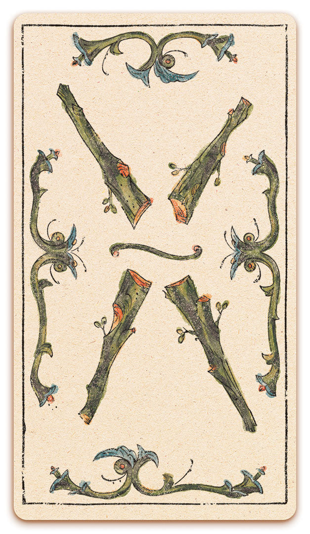 4 of Wands card of the Curio & Co. Tarot of Musterberg deck - The 79-card deck - for game and cartomancy - by Curio and Co. (www.curioandco.com - Curio and Co. OG)