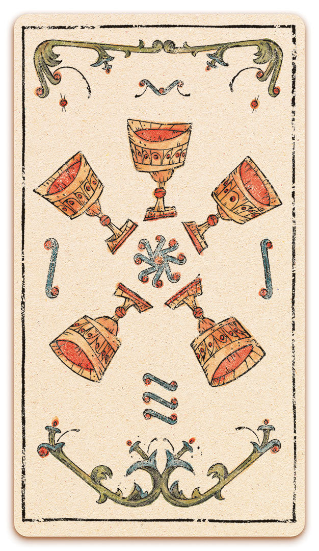 5 of Chalices card of the Curio & Co. Tarot of Musterberg deck - The 79-card deck - for game and cartomancy - by Curio and Co. (www.curioandco.com - Curio and Co. OG)