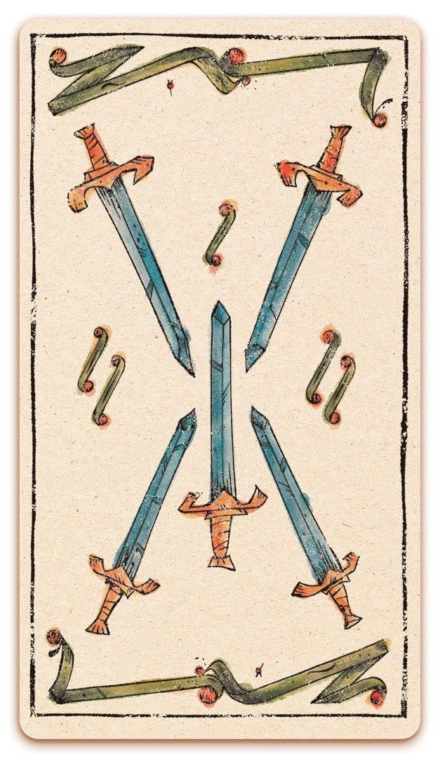 5 of Swords card of the Curio & Co. Tarot of Musterberg deck - The 79-card deck - for game and cartomancy - by Curio and Co. (www.curioandco.com - Curio and Co. OG)