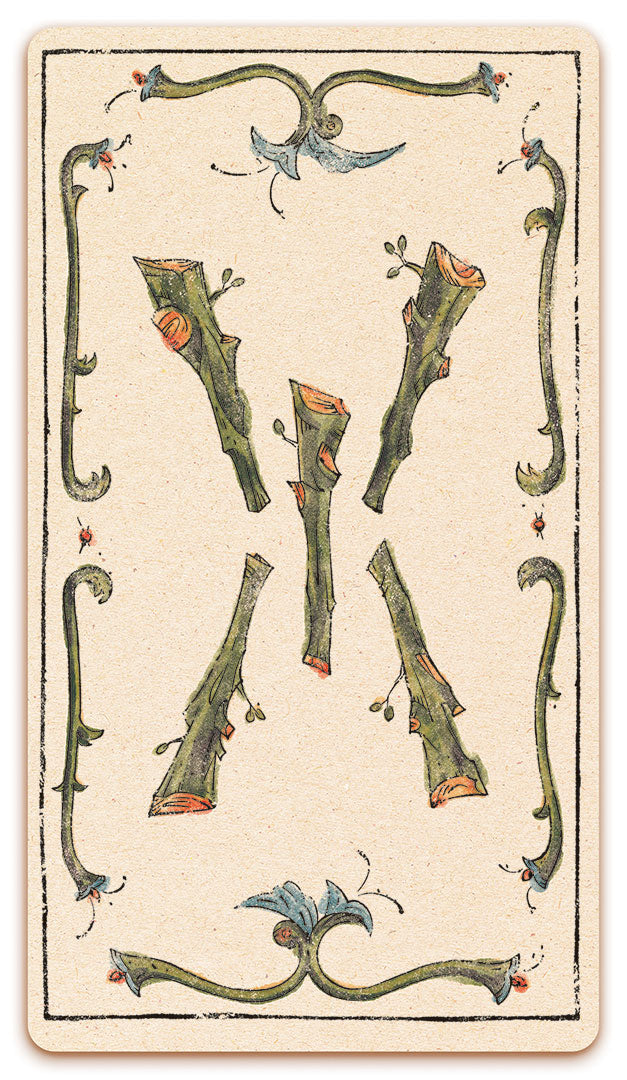 5 of Wands card of the Curio & Co. Tarot of Musterberg deck - The 79-card deck - for game and cartomancy - by Curio and Co. (www.curioandco.com - Curio and Co. OG)