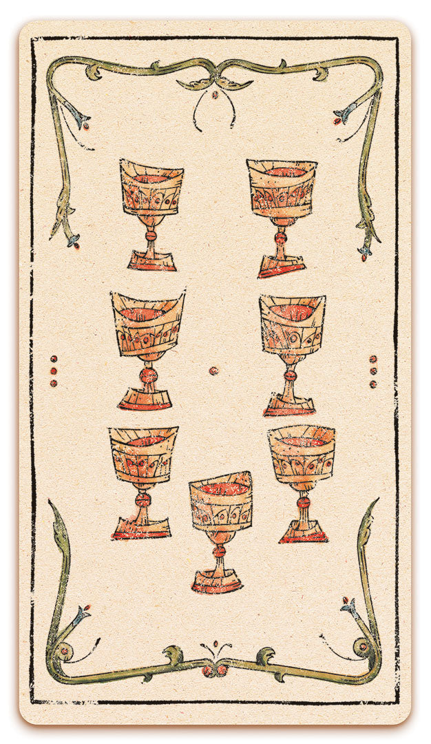 7 of Chalices card of the Curio & Co. Tarot of Musterberg deck - The 79-card deck - for game and cartomancy - by Curio and Co. (www.curioandco.com - Curio and Co. OG)