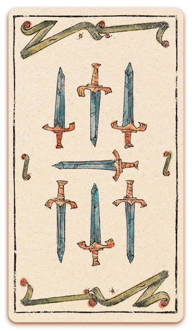 7 of Swords card of the Curio & Co. Tarot of Musterberg deck - The 79-card deck - for game and cartomancy - by Curio and Co. (www.curioandco.com - Curio and Co. OG)