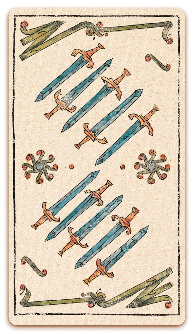 10 of Swords card of the Curio & Co. Tarot of Musterberg deck - The 79-card deck - for game and cartomancy - by Curio and Co. (www.curioandco.com - Curio and Co. OG)